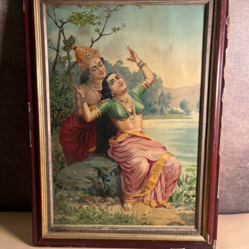 Original Ravi Varma Oleograph Print – Radha Krishna | Antique Indian Art