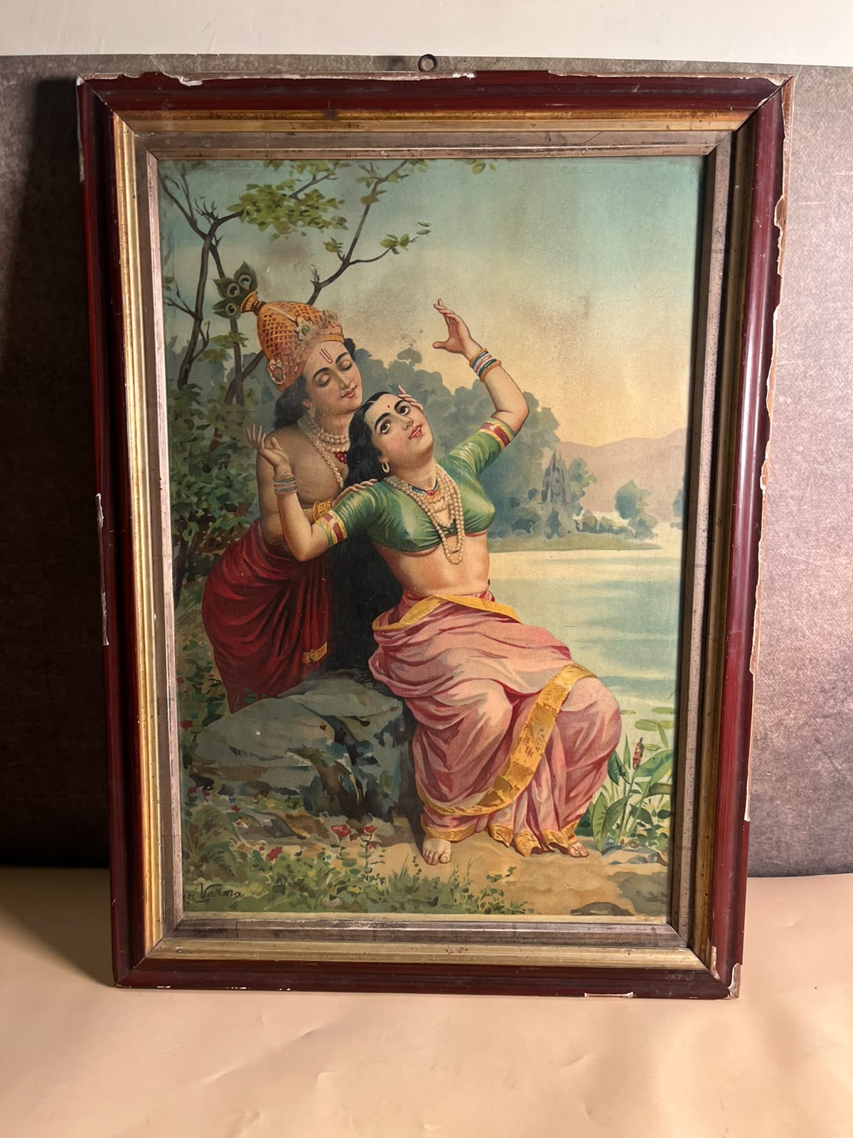 Original Ravi Varma Oleograph Print – Radha Krishna | Antique Indian Art