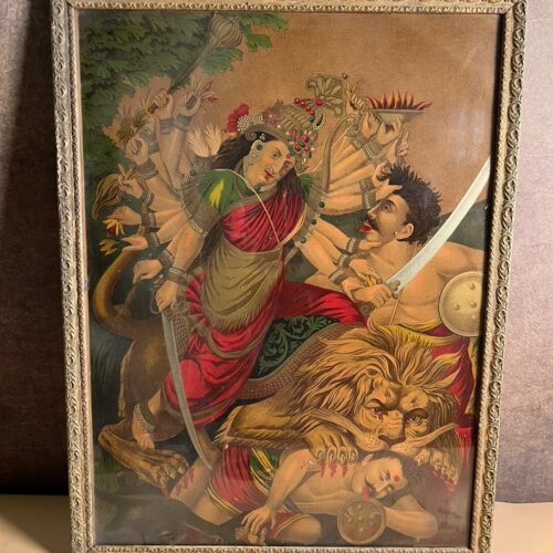 Rare Antique Mahishasuramardini Oleograph – Ravi Varma Press Tradition | 14 × 20 Inches