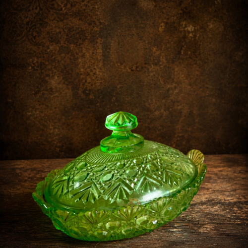 Vintage Green Pressed Glass Oval Lidded Serving Dish