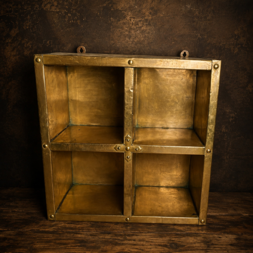 Antique Wooden Wall Shelf with Brass Cladding | 4-Compartment Vintage Wall Display Shelf | Handcrafted