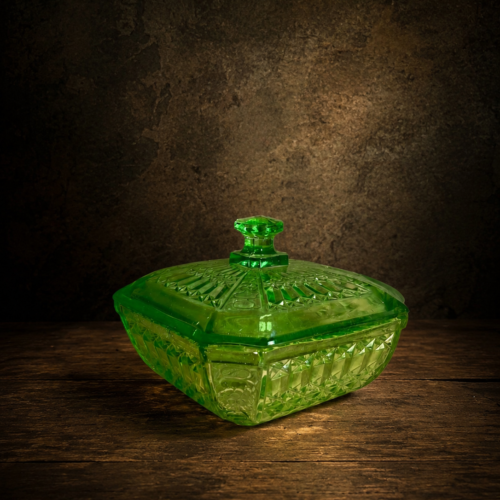 Antique Green Pressed Glass Lidded Box