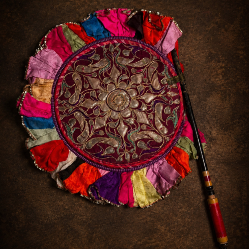 Vintage Double-Sided Zari Work Hand Fan – Traditional Indian Textile Collectible