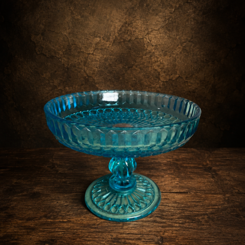 Antique Blue Pressed Glass Pedestal Serving Bowl