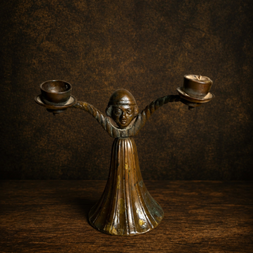 Antique Brass Lady Figurine Double Candle Stand