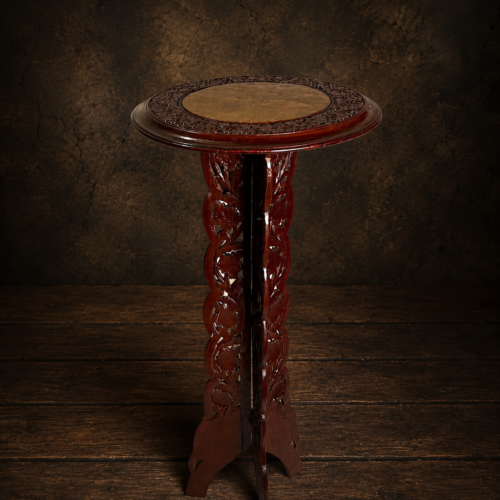 Vintage Hand-Carved Wooden Corner Table with Brass Top | Large Size | Antique Accent Table