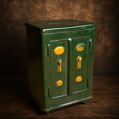 Antique Miniature Metal Safe Money Box / Vintage Coin Bank
