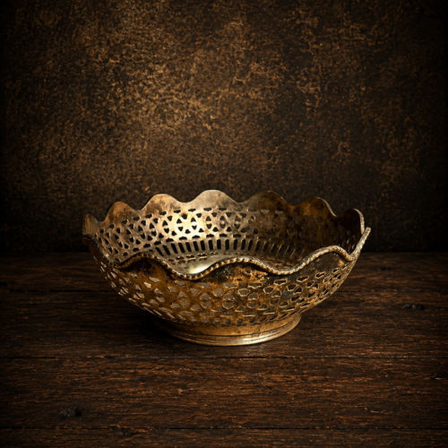 Vintage brass hand made silver polished jaali cutting basket