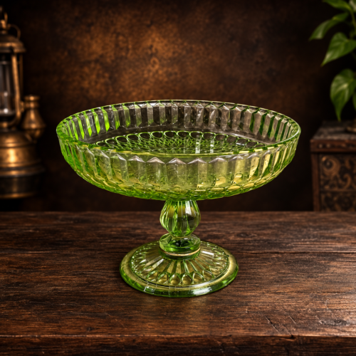 Vintage Green Pressed Glass Pedestal Compote Bowl – Decorative Serving Dish