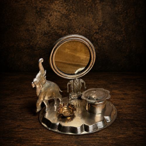 Vintage Metal Vanity Mirror Set with Elephant Figurine & Decorative Accessories