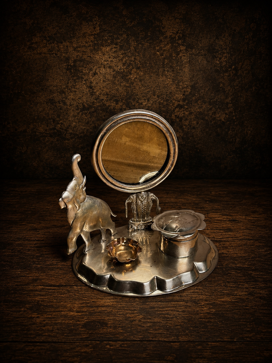 Vintage Metal Vanity Mirror Set with Elephant Figurine & Decorative Accessories