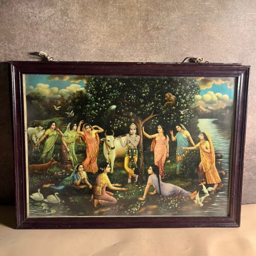 Vintage “Bansi Naad” Oleograph by Vasudeo H. Pandya – Krishna with Gopis | Framed Devotional Art