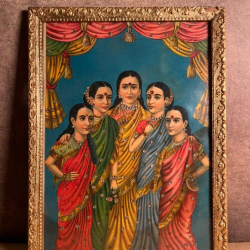 Vintage Ravi Varma Press Panch Kanya Oleograph – Embellished & Framed | 10 × 14 Inches