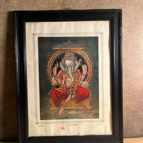 Vintage “Sree Ganesh” Devotional Colour Print – Framed Lord Ganesha Artwork | 14 × 18 Inches