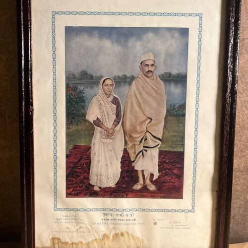 Vintage “Mahatma Gandhi and His Wife” Colour Portrait Print – Art Framing Co., Calcutta
