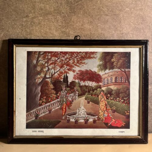 Vintage Radha Krishna Devotional Print – Royal Garden Scene | Old Framed Religious Art