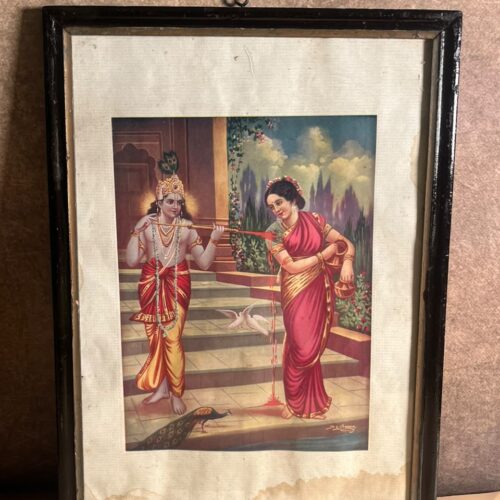 Vintage Radha Krishna Devotional Print – Krishna & Radha Courtyard Scene | Old Framed Indian Art