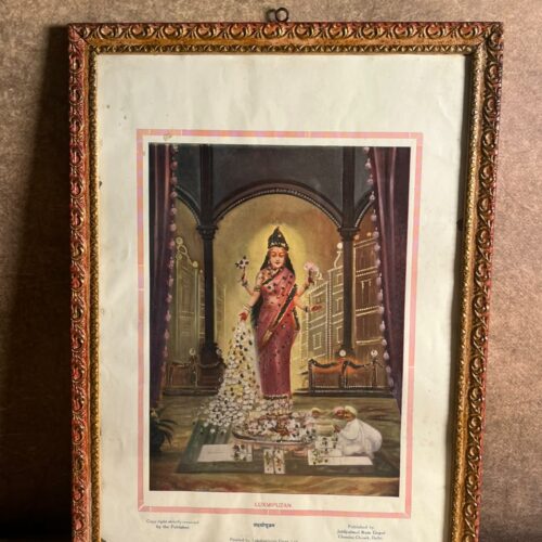 Vintage “Luxmi Puzan” / Lakshmi Pujan Devotional Print – Old Framed Indian Religious Art