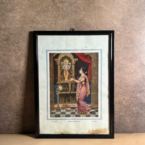 Vintage “Argha Prothan” Devotional Print – Lord Vishnu Worship Scene | D. Banerji Signed Framed Art