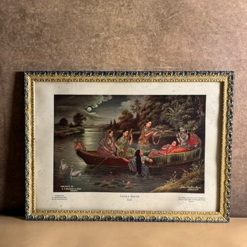 Rare Vintage “Nauka Bihar” Krishna Devotional Print | Framed Religious Art