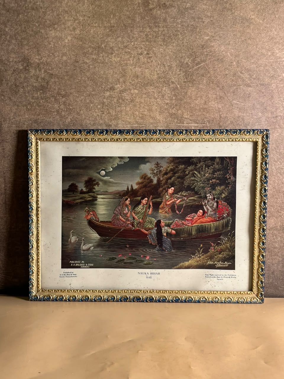 Rare Vintage “Nauka Bihar” Krishna Devotional Print | Framed Religious Art