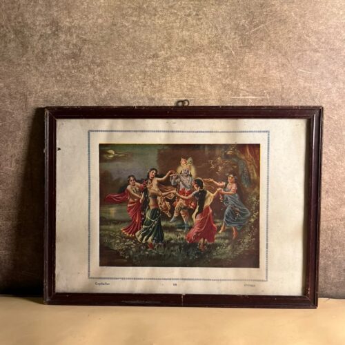 Rare Vintage “Gopiballav” Devotional Print | Krishna Raas Leela Framed Religious Art