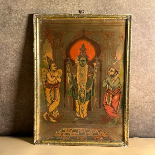 Vintage Lord Vishnu with Garuda & Hanuman Devotional Print – Framed Indian Religious Art