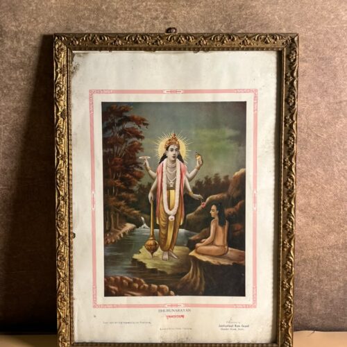 Vintage Dhurunarayan Devotional Print | Lakshmibilas Press Calcutta | Framed Narayan Religious Art