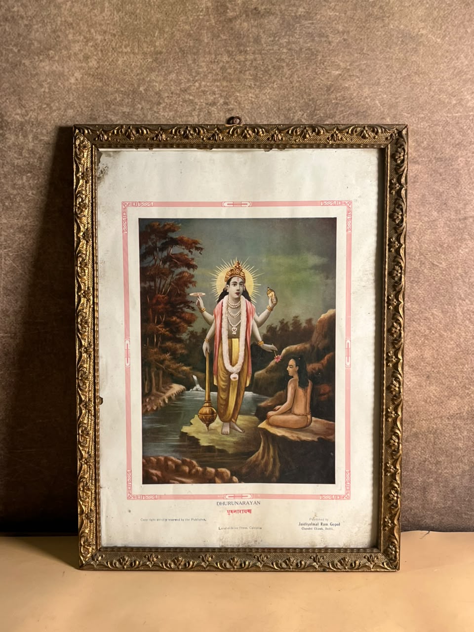 Vintage Dhurunarayan Devotional Print | Lakshmibilas Press Calcutta | Framed Narayan Religious Art
