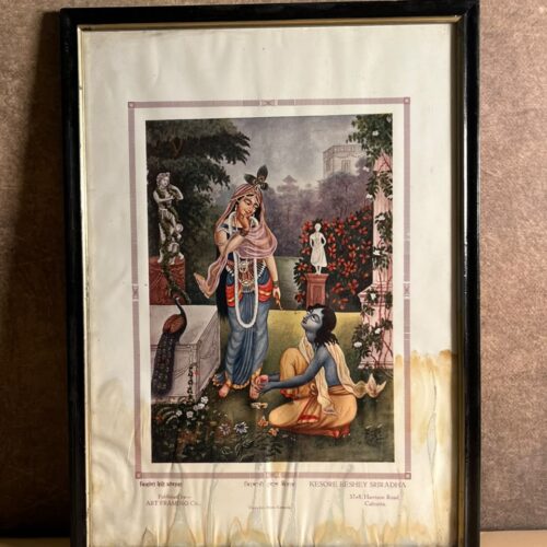 Vintage “Kesore Beshey Sriradha” Radha Krishna Devotional Print – Art Framing Co., Calcutta