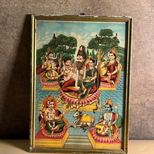Antique Shiva Parivar Devotional Chromolithograph Print with Ganesha, Parvati, Vishnu, Surya & Nandi
