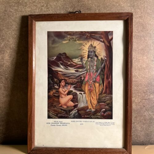 Antique “Shri Dhru Narayan Ji” Devotional Print by Khubiram Nathdwara – S.S. Brij Basi & Sons, Karachi | Circa 1930s–40s | 10 × 14 Inches