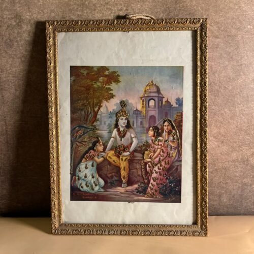Antique Hand-Embellished Krishna Devotional Print with Aari–Taari Work | Marked R. G. Chonker, Bombay 4