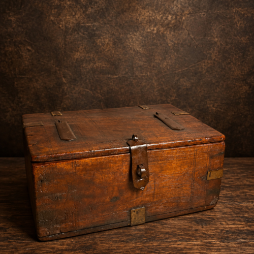 Antique Wooden Storage Box with Original Metal Fittings & Hand-Aged Patina