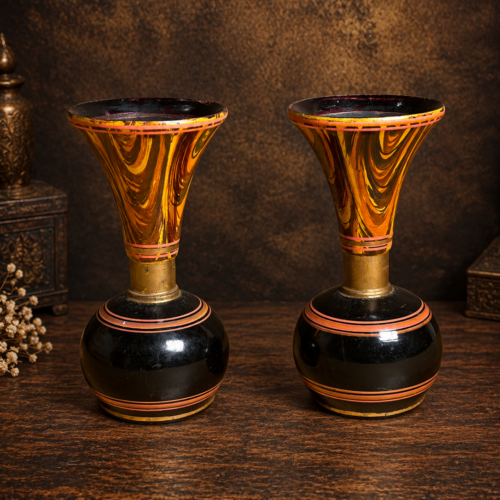 Vintage Hand-Painted Wooden small size Vases – Pair