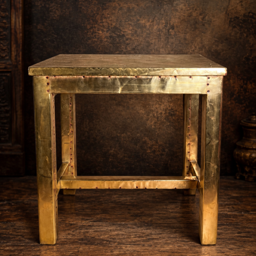 Vintage Brass Clad Wooden Side Table / Stool – Handcrafted Decorative Furniture