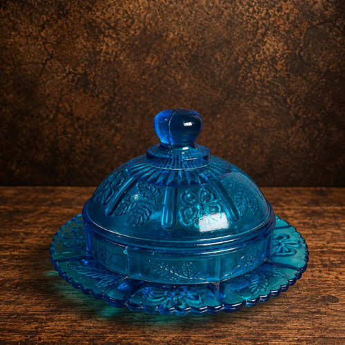 Vintage Blue Glass Covered Dish – Floral & Starburst Design