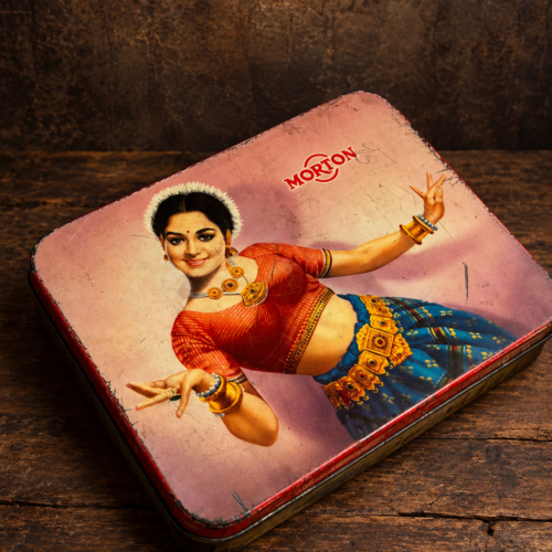 Vintage Morton Lithographed Tin Box – Indian Classical Dancer Advertising Collectible