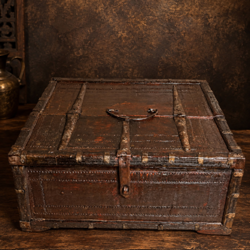 Antique Wooden Storage Chest with Hand-Forged Metal Work & Original Handle