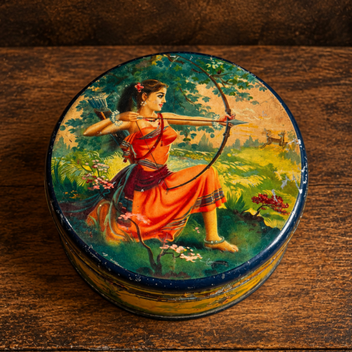 Vintage Ravalgaon Lithographed Tin Box – Female Archer Advertising Tin