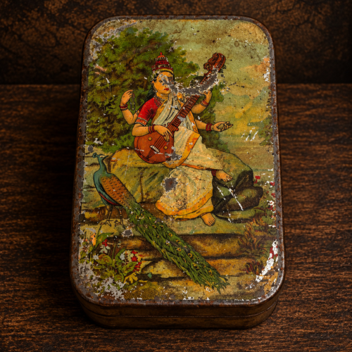 Rare Vintage Saraswati Lithograph Advertising Tin Box