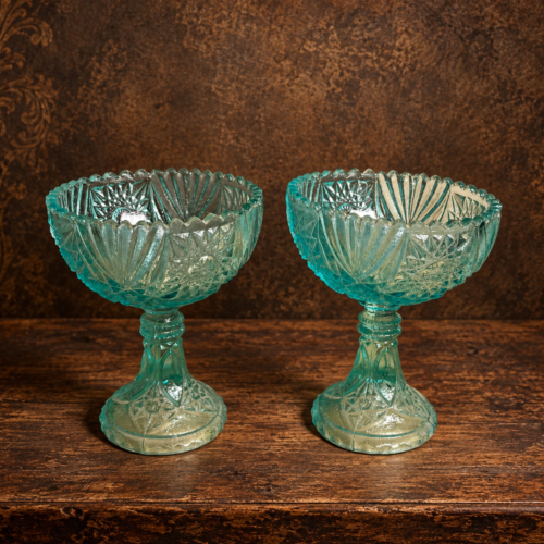 Vintage Aqua Pressed Glass Pedestal Bowls – Set of 2