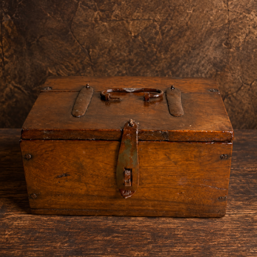 Antique Wooden Jewellery & Valuables Box with Original Iron Handle and Fittings