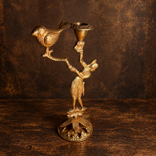 Antique Brass Lady with Bird Figural Candle Holder