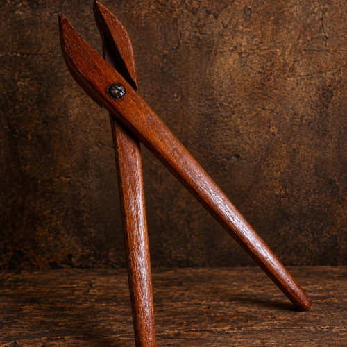 Antique Handcrafted Wooden Tong-Style Utility Tool – Traditional Indian Collectible