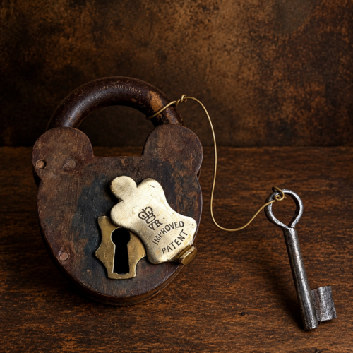 Antique James & Williams “VR Improved Patent” Iron Padlock with Original Key – British Vintage Lock