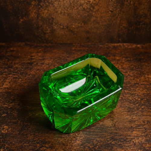 Vintage Emerald Green Cut Glass Ashtray / Trinket Bowl