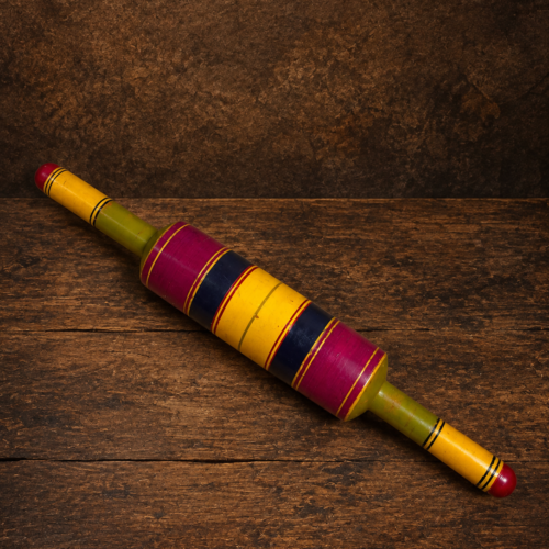 Very Old Hand-Painted Wooden Belan – Traditional Vegetable Colours | Indian Folk Art