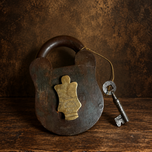 Large Antique Improved Tumbler Iron Padlock with Brass Keyhole Cover & Original Key