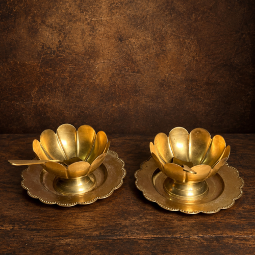 Vintage Brass Flower Bowl Serving Set with Plates & Spoons – Set of 2